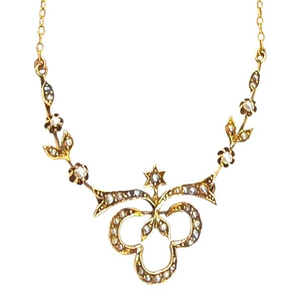 Antique 10k Seed Pearl Hinged Gold Lavalier Star Floral Clover Design Necklace - Picture 4 of 11